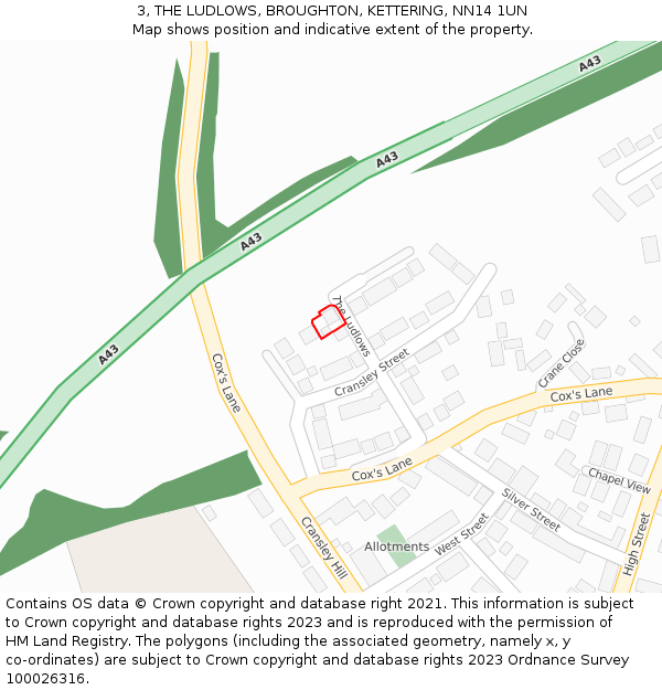 3, THE LUDLOWS, BROUGHTON, KETTERING, NN14 1UN: Location map and indicative extent of plot