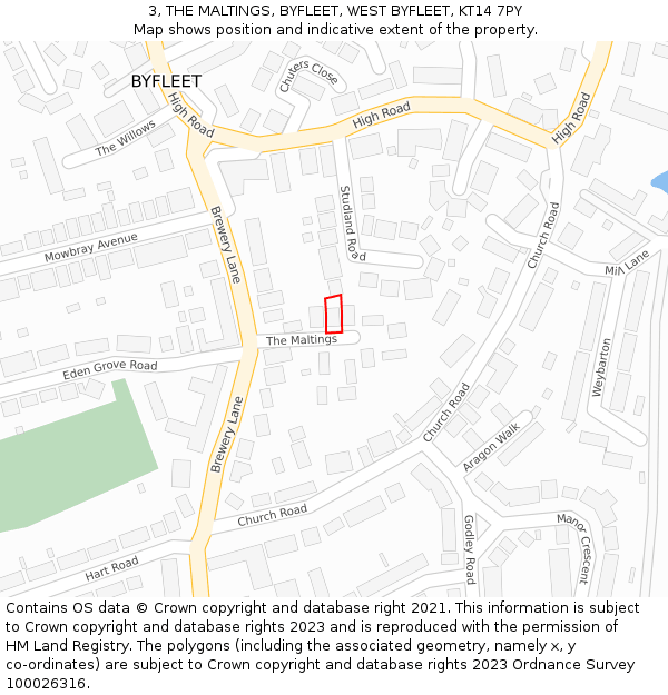 3, THE MALTINGS, BYFLEET, WEST BYFLEET, KT14 7PY: Location map and indicative extent of plot