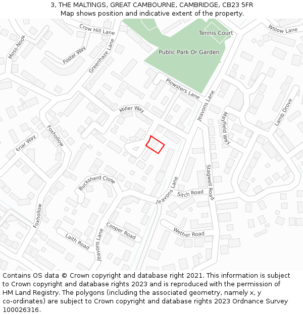 3, THE MALTINGS, GREAT CAMBOURNE, CAMBRIDGE, CB23 5FR: Location map and indicative extent of plot