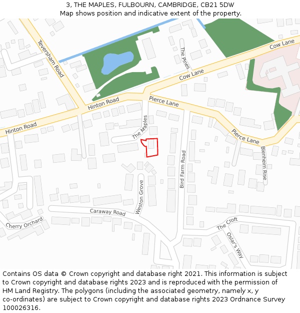 3, THE MAPLES, FULBOURN, CAMBRIDGE, CB21 5DW: Location map and indicative extent of plot