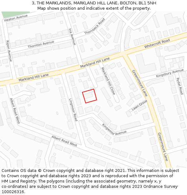 3, THE MARKLANDS, MARKLAND HILL LANE, BOLTON, BL1 5NH: Location map and indicative extent of plot