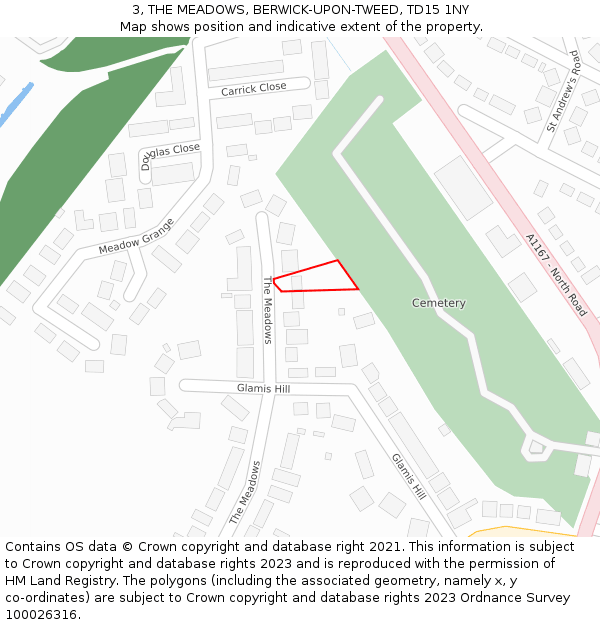 3, THE MEADOWS, BERWICK-UPON-TWEED, TD15 1NY: Location map and indicative extent of plot