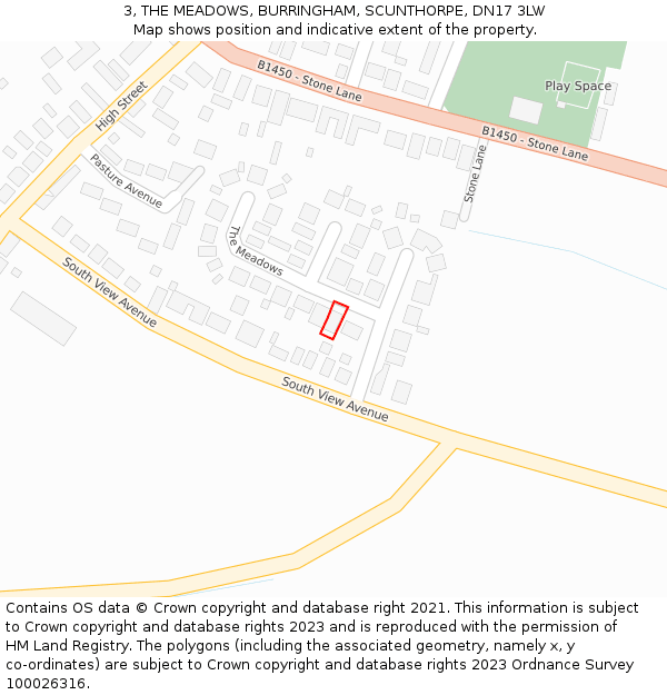 3, THE MEADOWS, BURRINGHAM, SCUNTHORPE, DN17 3LW: Location map and indicative extent of plot