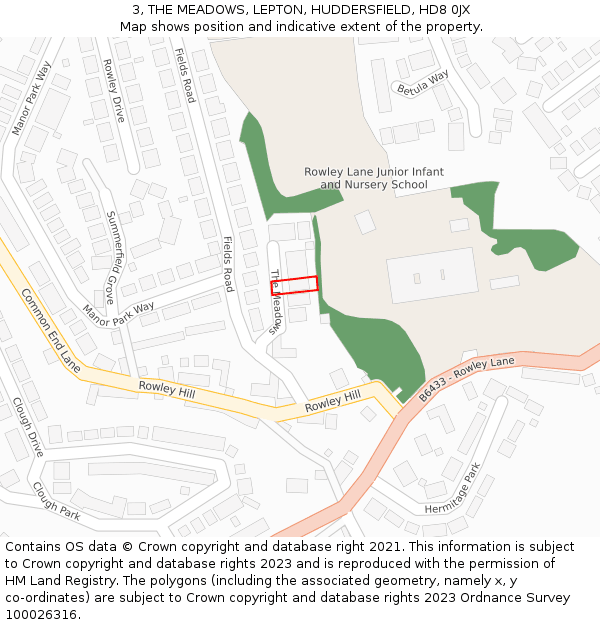 3, THE MEADOWS, LEPTON, HUDDERSFIELD, HD8 0JX: Location map and indicative extent of plot