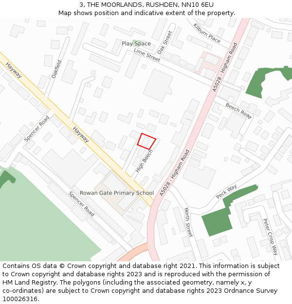 3, THE MOORLANDS, RUSHDEN, NN10 6EU: Location map and indicative extent of plot