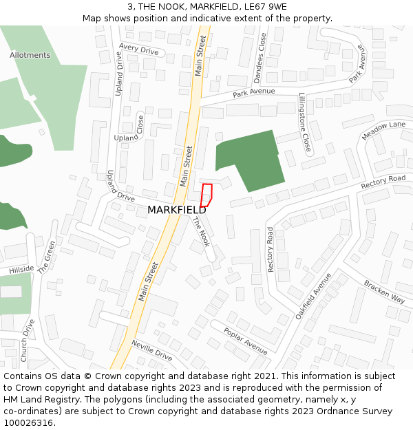 3, THE NOOK, MARKFIELD, LE67 9WE: Location map and indicative extent of plot