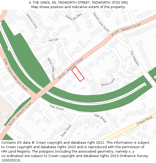 3, THE OAKS, 49, TADWORTH STREET, TADWORTH, KT20 5RG: Location map and indicative extent of plot