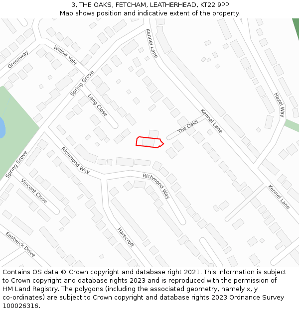 3, THE OAKS, FETCHAM, LEATHERHEAD, KT22 9PP: Location map and indicative extent of plot