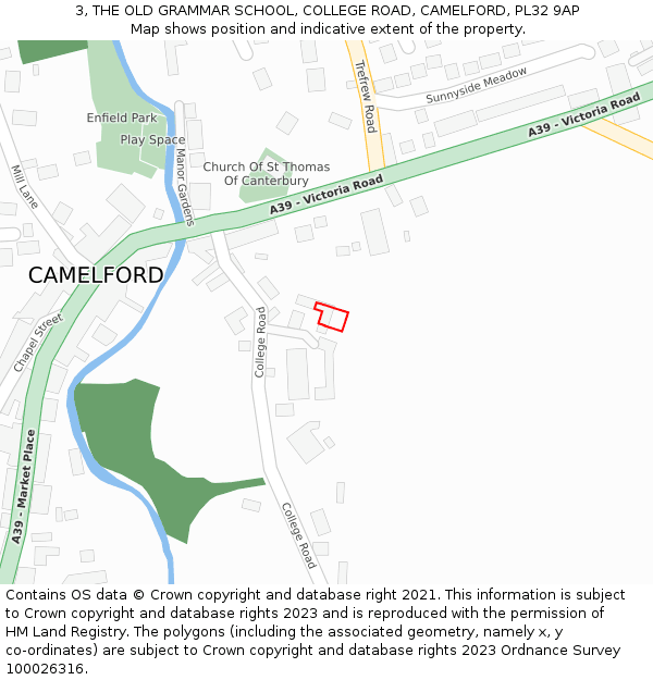 3, THE OLD GRAMMAR SCHOOL, COLLEGE ROAD, CAMELFORD, PL32 9AP: Location map and indicative extent of plot