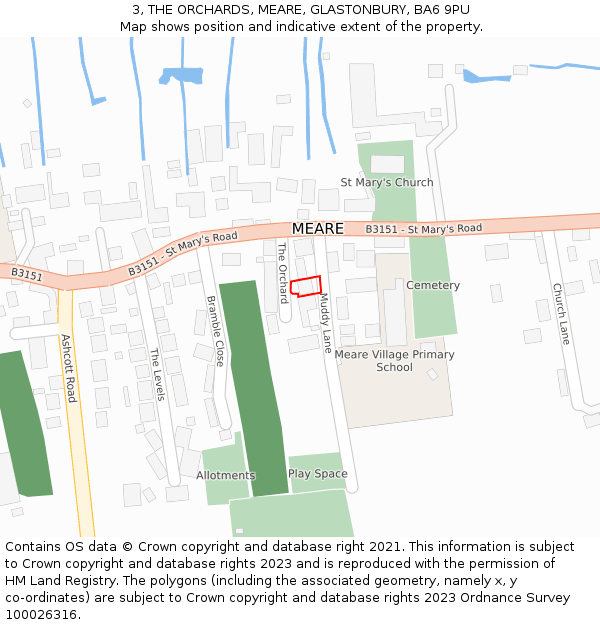 3, THE ORCHARDS, MEARE, GLASTONBURY, BA6 9PU: Location map and indicative extent of plot