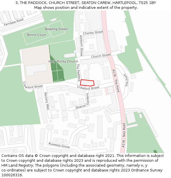 3, THE PADDOCK, CHURCH STREET, SEATON CAREW, HARTLEPOOL, TS25 1BY: Location map and indicative extent of plot