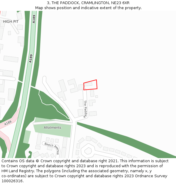 3, THE PADDOCK, CRAMLINGTON, NE23 6XR: Location map and indicative extent of plot