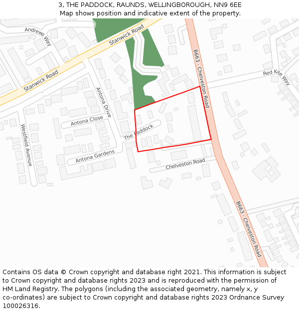 3, THE PADDOCK, RAUNDS, WELLINGBOROUGH, NN9 6EE: Location map and indicative extent of plot