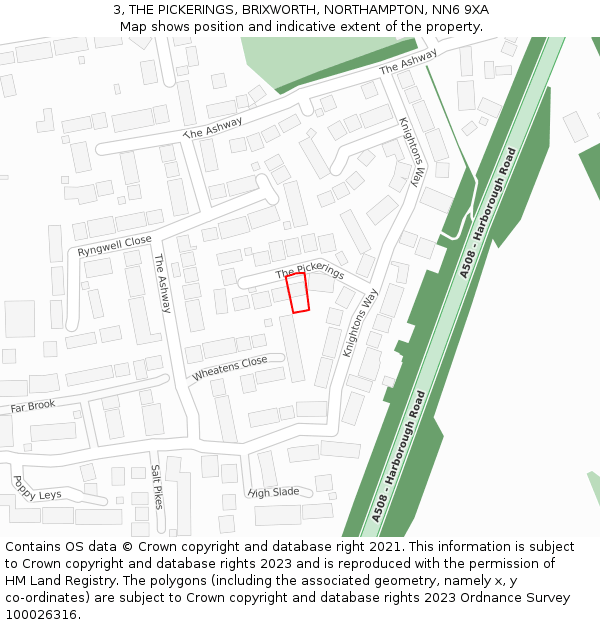 3, THE PICKERINGS, BRIXWORTH, NORTHAMPTON, NN6 9XA: Location map and indicative extent of plot
