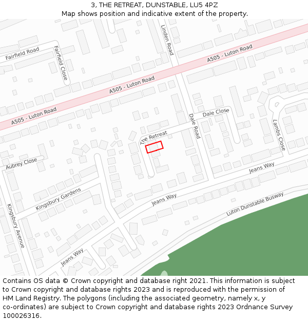 3, THE RETREAT, DUNSTABLE, LU5 4PZ: Location map and indicative extent of plot