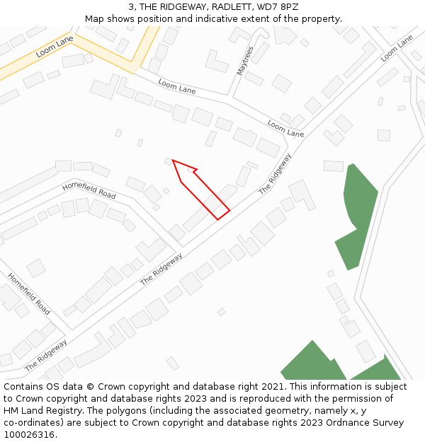 3, THE RIDGEWAY, RADLETT, WD7 8PZ: Location map and indicative extent of plot