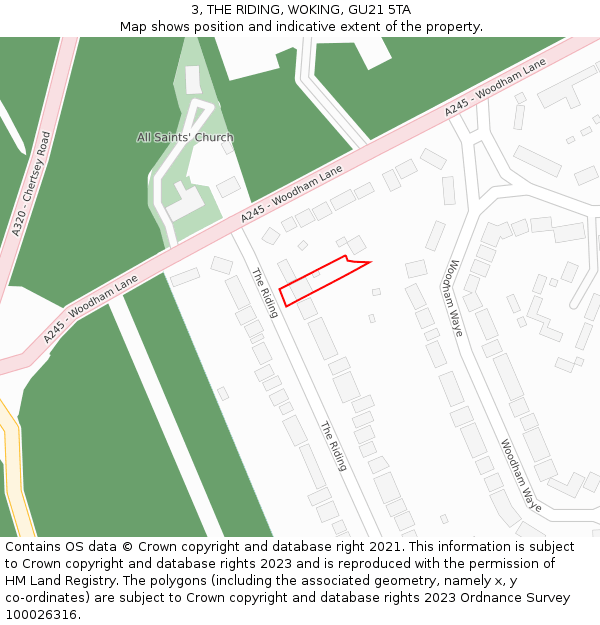 3, THE RIDING, WOKING, GU21 5TA: Location map and indicative extent of plot