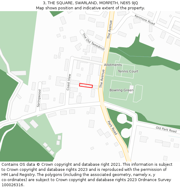 3, THE SQUARE, SWARLAND, MORPETH, NE65 9JQ: Location map and indicative extent of plot