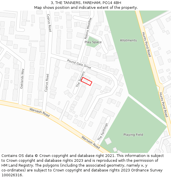 3, THE TANNERS, FAREHAM, PO14 4BH: Location map and indicative extent of plot