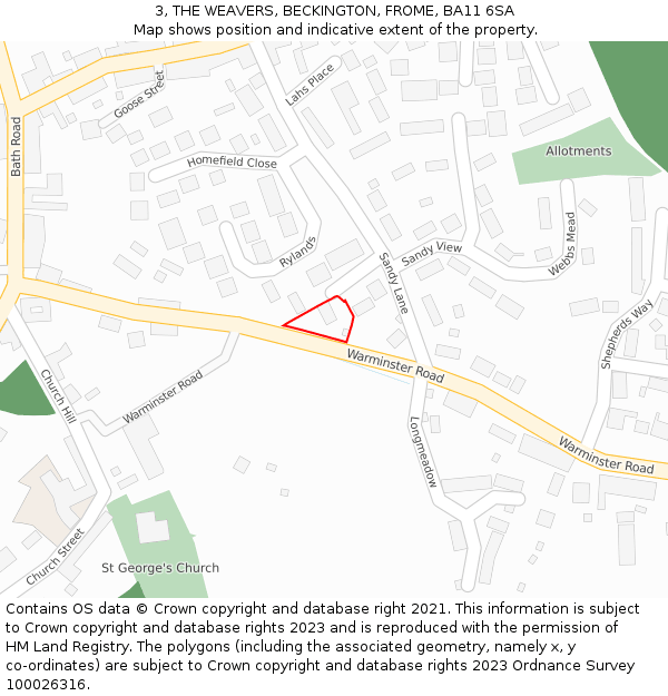 3, THE WEAVERS, BECKINGTON, FROME, BA11 6SA: Location map and indicative extent of plot