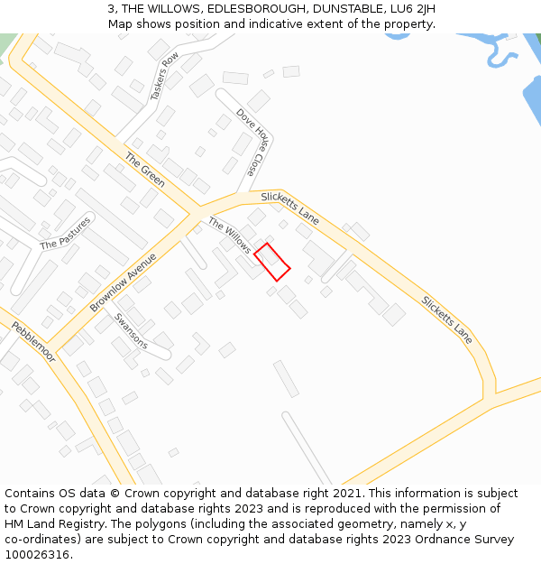 3, THE WILLOWS, EDLESBOROUGH, DUNSTABLE, LU6 2JH: Location map and indicative extent of plot