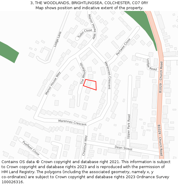 3, THE WOODLANDS, BRIGHTLINGSEA, COLCHESTER, CO7 0RY: Location map and indicative extent of plot