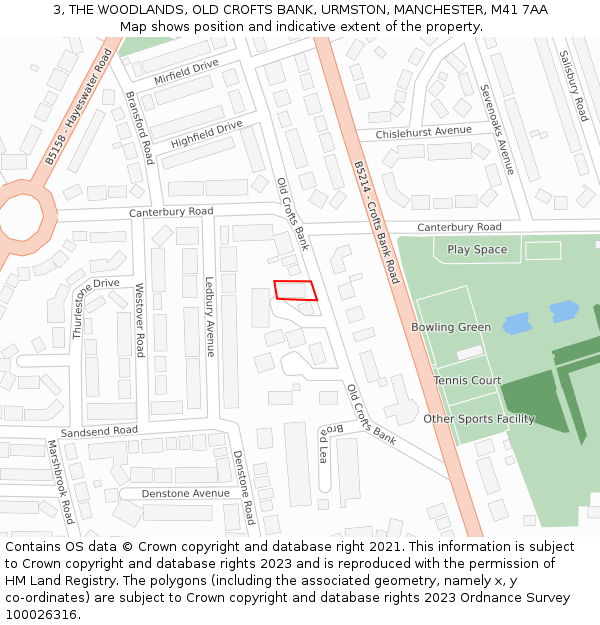 3, THE WOODLANDS, OLD CROFTS BANK, URMSTON, MANCHESTER, M41 7AA: Location map and indicative extent of plot