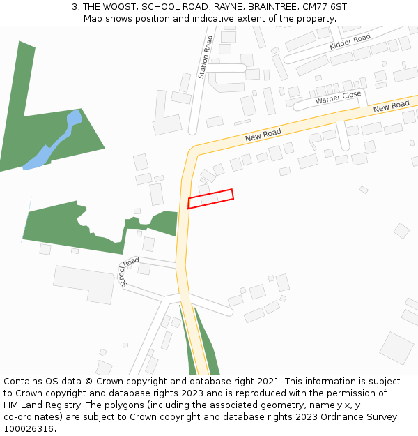 3, THE WOOST, SCHOOL ROAD, RAYNE, BRAINTREE, CM77 6ST: Location map and indicative extent of plot