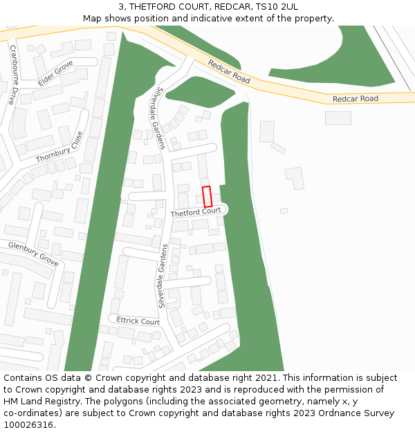 3, THETFORD COURT, REDCAR, TS10 2UL: Location map and indicative extent of plot