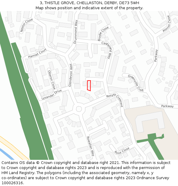 3, THISTLE GROVE, CHELLASTON, DERBY, DE73 5WH: Location map and indicative extent of plot