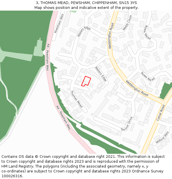 3, THOMAS MEAD, PEWSHAM, CHIPPENHAM, SN15 3YS: Location map and indicative extent of plot
