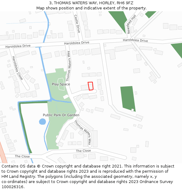 3, THOMAS WATERS WAY, HORLEY, RH6 9FZ: Location map and indicative extent of plot