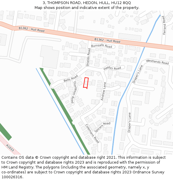 3, THOMPSON ROAD, HEDON, HULL, HU12 8QQ: Location map and indicative extent of plot