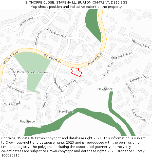 3, THORPE CLOSE, STAPENHILL, BURTON-ON-TRENT, DE15 9GS: Location map and indicative extent of plot