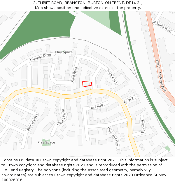 3, THRIFT ROAD, BRANSTON, BURTON-ON-TRENT, DE14 3LJ: Location map and indicative extent of plot