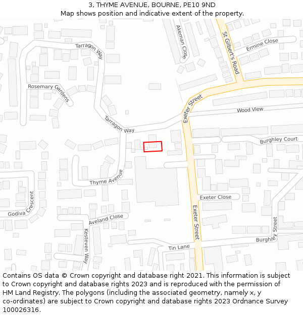 3, THYME AVENUE, BOURNE, PE10 9ND: Location map and indicative extent of plot