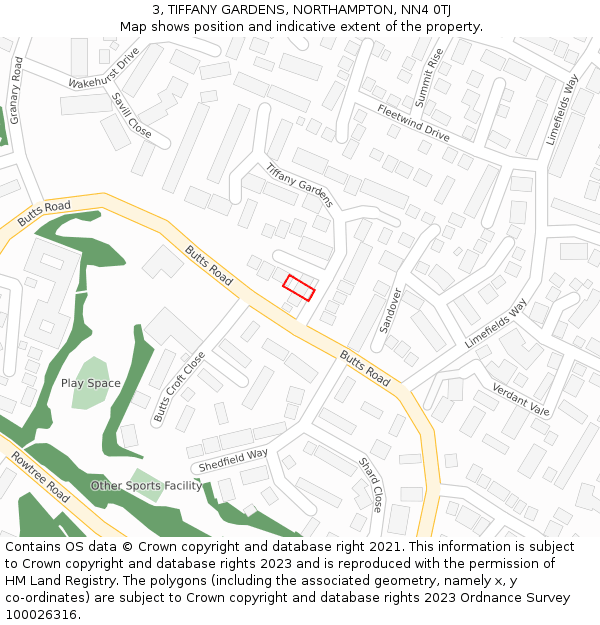 3, TIFFANY GARDENS, NORTHAMPTON, NN4 0TJ: Location map and indicative extent of plot