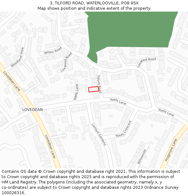 3, TILFORD ROAD, WATERLOOVILLE, PO8 9SX: Location map and indicative extent of plot