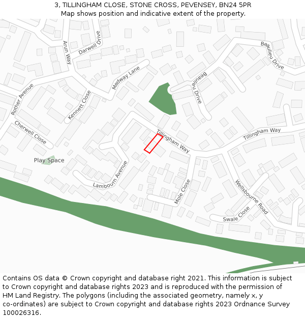 3, TILLINGHAM CLOSE, STONE CROSS, PEVENSEY, BN24 5PR: Location map and indicative extent of plot