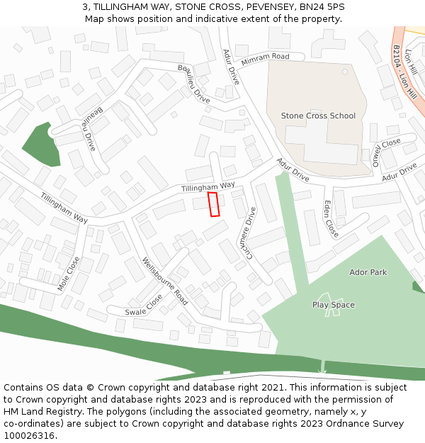 3, TILLINGHAM WAY, STONE CROSS, PEVENSEY, BN24 5PS: Location map and indicative extent of plot