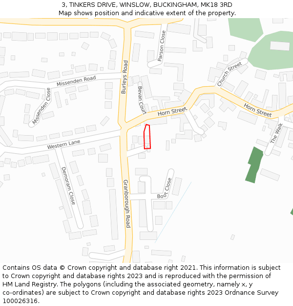 3, TINKERS DRIVE, WINSLOW, BUCKINGHAM, MK18 3RD: Location map and indicative extent of plot