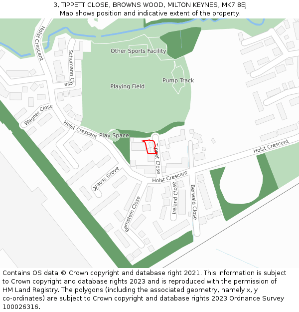 3, TIPPETT CLOSE, BROWNS WOOD, MILTON KEYNES, MK7 8EJ: Location map and indicative extent of plot