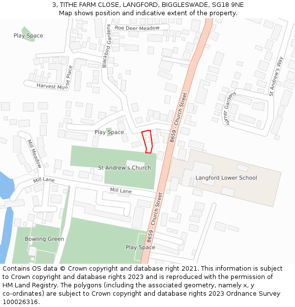 3, TITHE FARM CLOSE, LANGFORD, BIGGLESWADE, SG18 9NE: Location map and indicative extent of plot