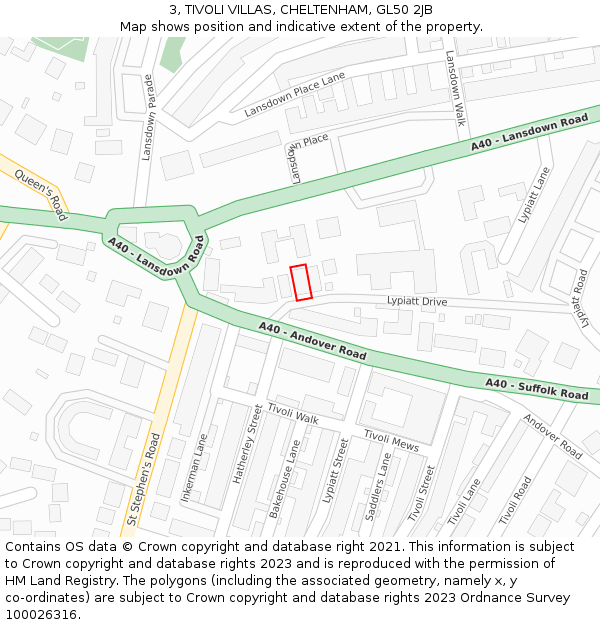 3, TIVOLI VILLAS, CHELTENHAM, GL50 2JB: Location map and indicative extent of plot