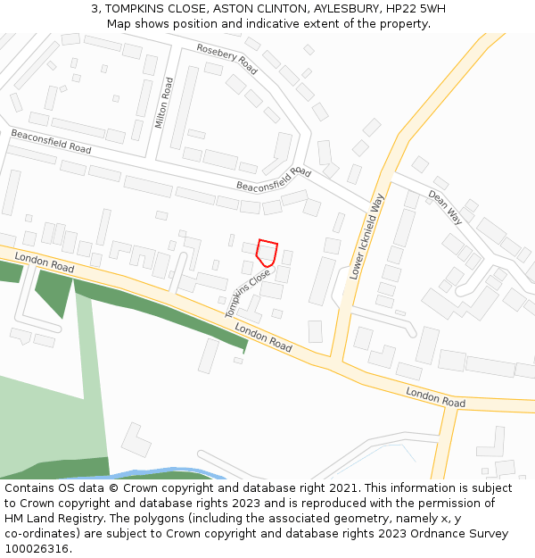 3, TOMPKINS CLOSE, ASTON CLINTON, AYLESBURY, HP22 5WH: Location map and indicative extent of plot