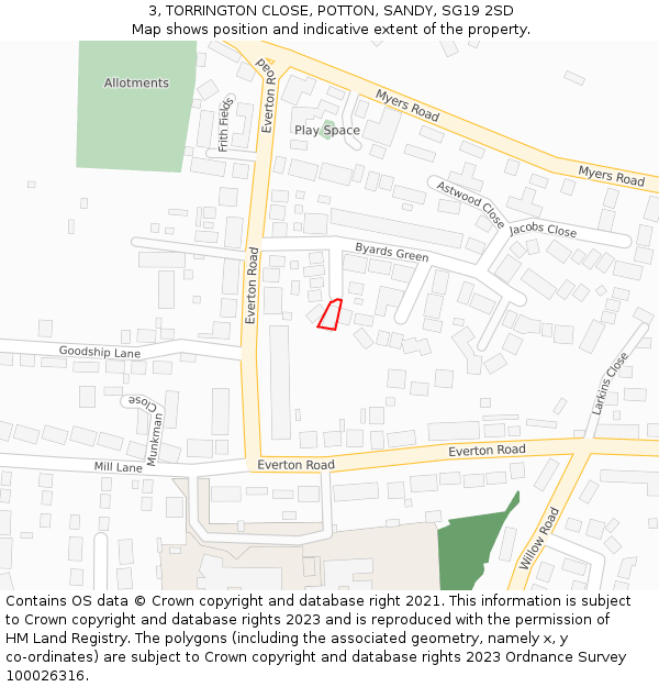 3, TORRINGTON CLOSE, POTTON, SANDY, SG19 2SD: Location map and indicative extent of plot