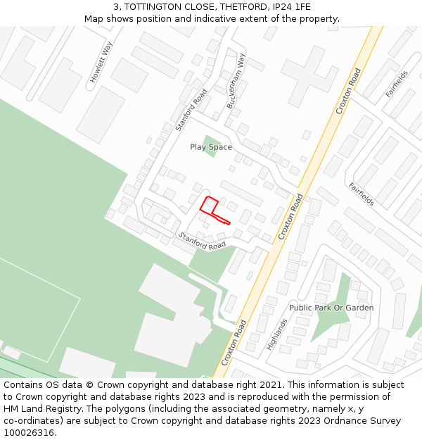 3, TOTTINGTON CLOSE, THETFORD, IP24 1FE: Location map and indicative extent of plot