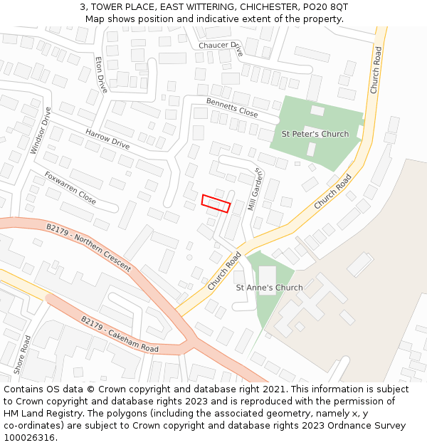 3, TOWER PLACE, EAST WITTERING, CHICHESTER, PO20 8QT: Location map and indicative extent of plot