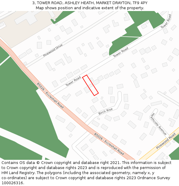 3, TOWER ROAD, ASHLEY HEATH, MARKET DRAYTON, TF9 4PY: Location map and indicative extent of plot