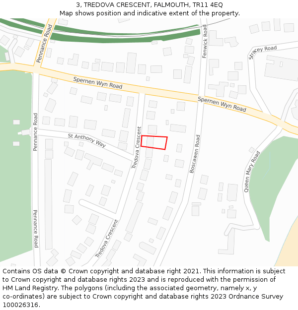 3, TREDOVA CRESCENT, FALMOUTH, TR11 4EQ: Location map and indicative extent of plot